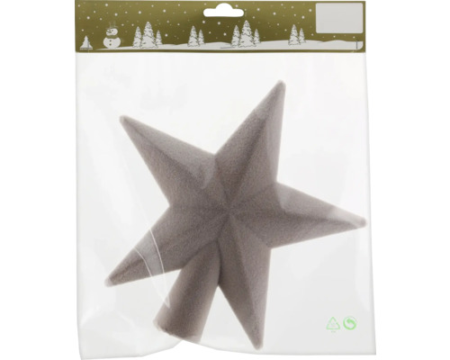 Weihnachtsbaumspitze Stern, beflockt, grau, in Verpackung.