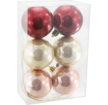 Set mit 6 glänzenden Weihnachtskugeln aus Glas in Rot, Gold und Rosa in einer transparenten Box.