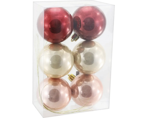 Set mit 6 glänzenden Weihnachtskugeln aus Glas in Rot, Gold und Rosa in einer transparenten Box.
