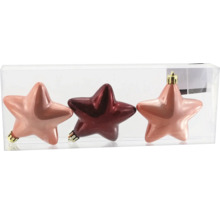 Dreiteiliges Set Weihnachtsanhänger in Sternform aus Glas in Rosa und Dunkelrot mit glänzender Oberfläche.