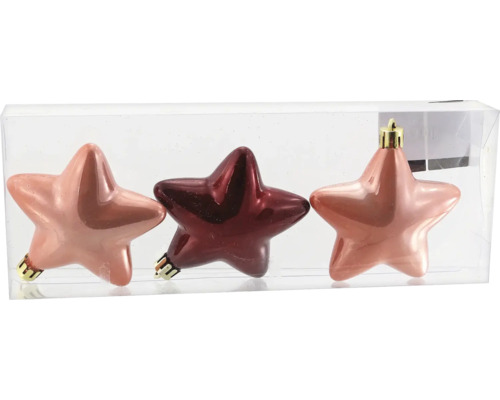 Dreiteiliges Set Weihnachtsanhänger in Sternform aus Glas in Rosa und Dunkelrot mit glänzender Oberfläche.