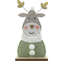Dekorative Weihnachtsfigur Rentier aus Filz und Textil auf einem Holzsockel mit herzförmiger Nase und Bommeln.