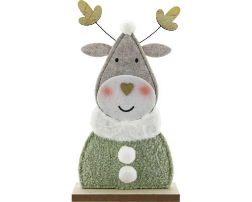 Dekorative Weihnachtsfigur Rentier aus Filz und Textil auf einem Holzsockel mit herzförmiger Nase und Bommeln.