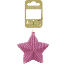 Weihnachtsanhänger in Sternform mit beflockter Textur an einer Produktkarte mit Geroma Logo.