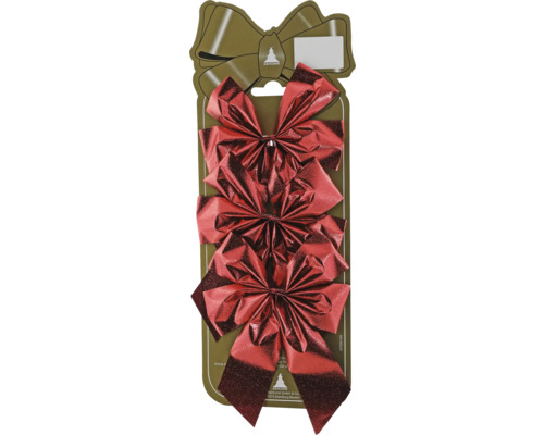 Drei rote Metallic-Geschenkschleifen von Geroma auf Kartonverpackung.