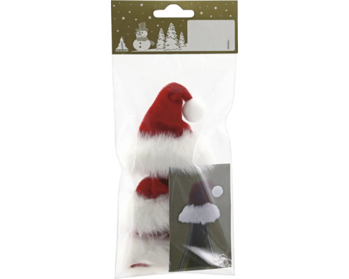 Kleine Weihnachtsmütze aus rotem und weißem Plüsch als Flaschendekoration in der Verpackung.