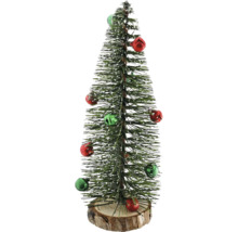 Künstlicher Mini-Weihnachtsbaum mit Glöckchen und Schnee-Effekt auf einem Holzfuß.