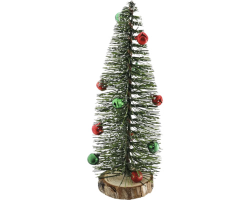 Künstlicher Mini-Weihnachtsbaum mit Glöckchen und Schnee-Effekt auf einem Holzfuß.