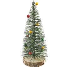 Künstlicher Mini-Christbaum mit bunten Glocken und weißem Schnee-Effekt auf einem runden Holzsockel.