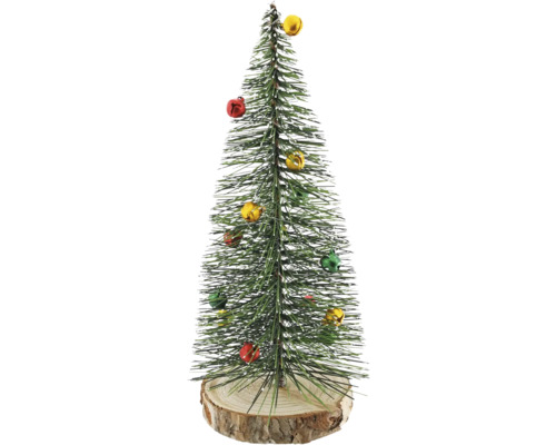 Künstlicher Mini-Christbaum mit bunten Glocken und weißem Schnee-Effekt auf einem runden Holzsockel.