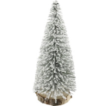 Kleiner künstlicher Weihnachtsbaum mit beschneiten Nadeln auf einem runden Holzfuß.