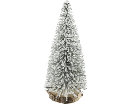 Kleiner künstlicher Weihnachtsbaum mit beschneiten Nadeln auf einem runden Holzfuß.