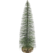 Kleiner künstlicher Tannenbaum mit grünen Nadeln auf einem runden Holzfuß.