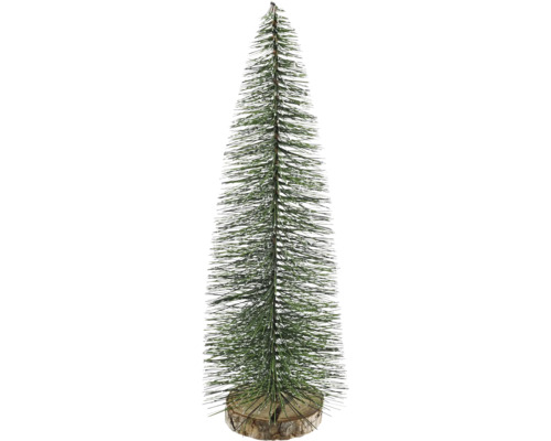 Kleiner künstlicher Tannenbaum mit grünen Nadeln auf einem runden Holzfuß.