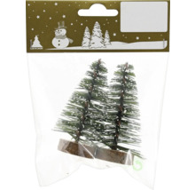 Zwei künstliche Miniatur-Christbäume mit Schneeeffekt auf Holzfuß, Geroma Logo.