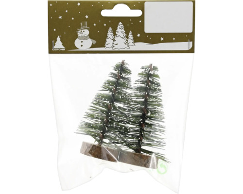 Zwei künstliche Miniatur-Christbäume mit Schneeeffekt auf Holzfuß, Geroma Logo.