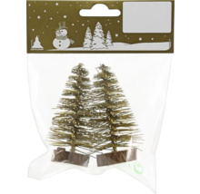 Zwei künstliche Mini-Tannenbäume auf Holzfuß mit Schnee-Effekt in der Verkaufsverpackung.