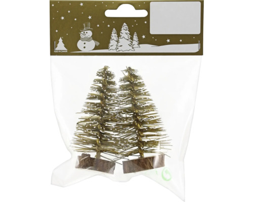 Zwei künstliche Mini-Tannenbäume auf Holzfuß mit Schnee-Effekt in der Verkaufsverpackung.
