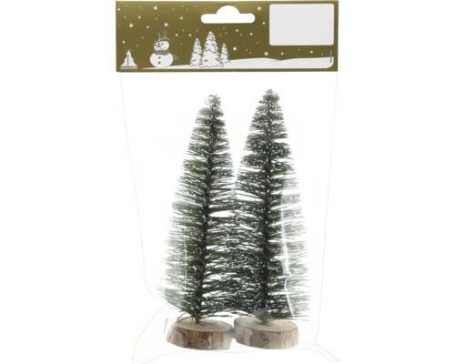 Zwei künstliche Mini-Weihnachtsbäume mit Schneeeffekt auf runden Holzsockeln, in einer transparenten Verpackung.