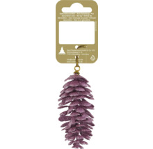 Weihnachtsanhänger in Zapfenform mit violettem Glitzer und goldener Kordel.