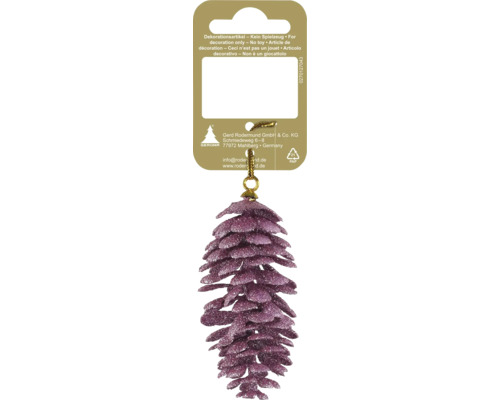 Weihnachtsanhänger in Zapfenform mit violettem Glitzer und goldener Kordel.