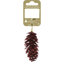 Christbaumschmuck in Form eines Tannenzapfens mit rotem Glitzer und goldener Kordel an der Verkaufsverpackung.