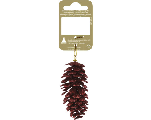 Christbaumschmuck in Form eines Tannenzapfens mit rotem Glitzer und goldener Kordel an der Verkaufsverpackung.