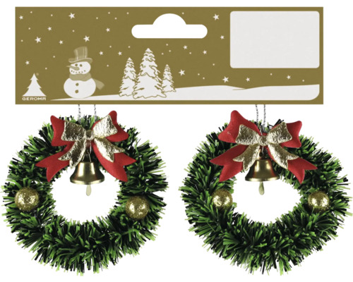 Zwei grüne Weihnachtskränze aus Lametta mit roter Schleife, goldenem Glöckchen und Glitzerkugeln an Geroma Logo Karton.
