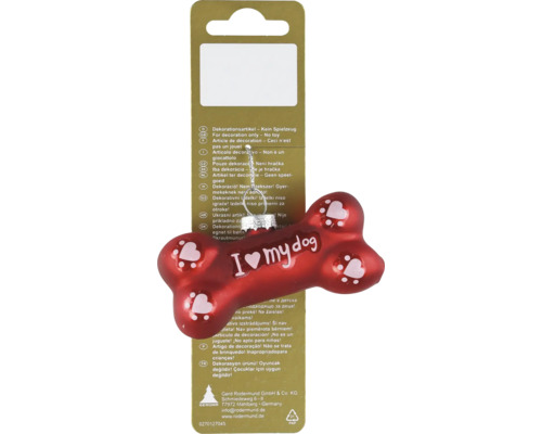 Roter Weihnachtsbaumschmuck aus Glas in Knochenform mit der Aufschrift I love my dog und weißen Pfotenabdrücken.