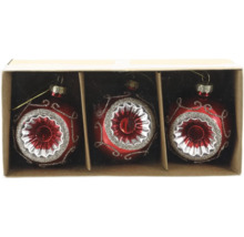Set aus drei gläsernen Christbaumkugeln mit verzierten Reflex-Mitten und Glitzer-Dekor in einer Aufbewahrungsbox.