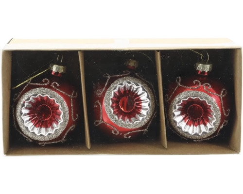 Set aus drei gläsernen Christbaumkugeln mit verzierten Reflex-Mitten und Glitzer-Dekor in einer Aufbewahrungsbox.