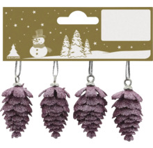 Christbaumschmuck Zapfen im 4er-Set, lila mit Glitzer und Aufhängung.