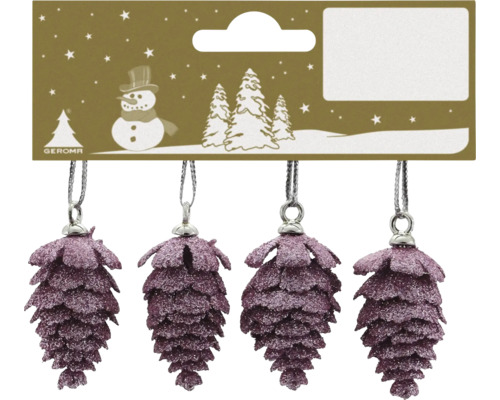 Christbaumschmuck Zapfen im 4er-Set, lila mit Glitzer und Aufhängung.