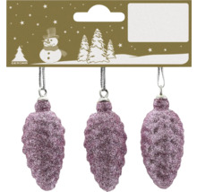Drei Christbaumanhänger in Zapfenform mit violettem Glitzer.