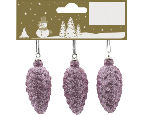 Drei Christbaumanhänger in Zapfenform mit violettem Glitzer.