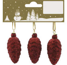 Geroma Logo. Set aus 3 roten glitzernden Christbaumbehang Zapfen mit Aufhängeschlaufe.