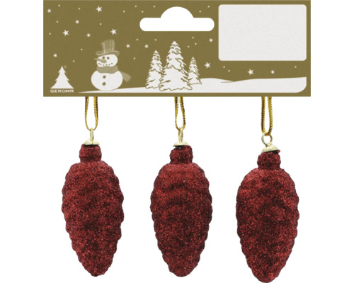 Geroma Logo. Set aus 3 roten glitzernden Christbaumbehang Zapfen mit Aufhängeschlaufe.