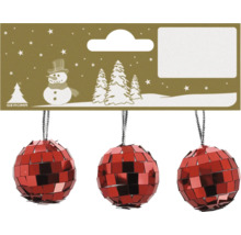 Drei rote facettierte Christbaumkugeln im Disco-Stil mit Aufhängern und Geroma Logo.