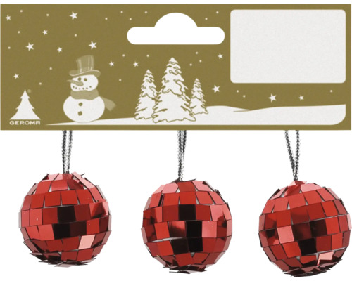 Drei rote facettierte Christbaumkugeln im Disco-Stil mit Aufhängern und Geroma Logo.