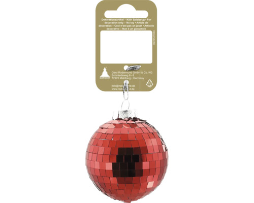 Rote Weihnachtskugel im Diskokugel-Design mit reflektierenden Plättchen, silberner Kappe und Aufhängeschleife.