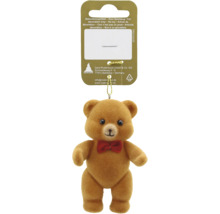 Kleiner beflockter brauner Teddybär mit roter Schleife an einer Pappkarte. Geroma Logo. Recycling-Symbol für Pappe.