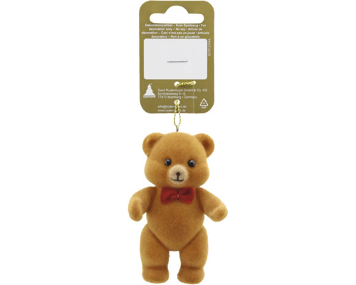 Kleiner beflockter brauner Teddybär mit roter Schleife an einer Pappkarte. Geroma Logo. Recycling-Symbol für Pappe.