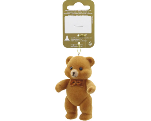 Dekorativer Teddybär-Anhänger mit samtiger Oberfläche und kleiner Schleife.
