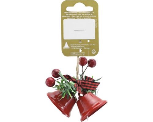Weihnachtsdekoration zum Aufhängen mit zwei roten Glocken, roten Beeren, künstlichem Tannengrün und rot-schwarz karierter Schleife.