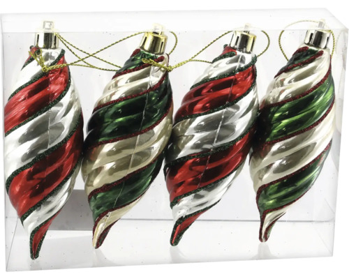 Vier gedrehte, zapfenförmige Weihnachtsanhänger mit silbernem, rotem und grünem Spiralmuster in einer transparenten Box.