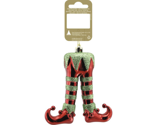Christbaumschmuck in Form von Elfenbeinen mit rot-grün glitzernden Streifen und geschwungenen Schuhen.