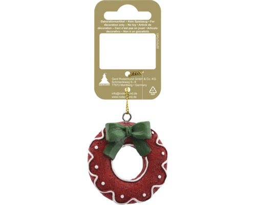 Weihnachtsanhänger als roter Kranz mit grüner Schleife, weißen Verzierungen, Geroma Logo und Symbol für recyclingfähige Pappe.