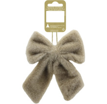 Beige Deko-Schleife aus Kunstfell mit goldener Aufhängeschlaufe.