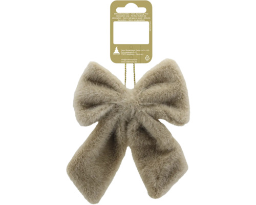 Beige Deko-Schleife aus Kunstfell mit goldener Aufhängeschlaufe.