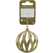 Glitzernder goldener Christbaumschmuck in offener Kugelform an einer Kartonverpackung mit Geroma Logo.